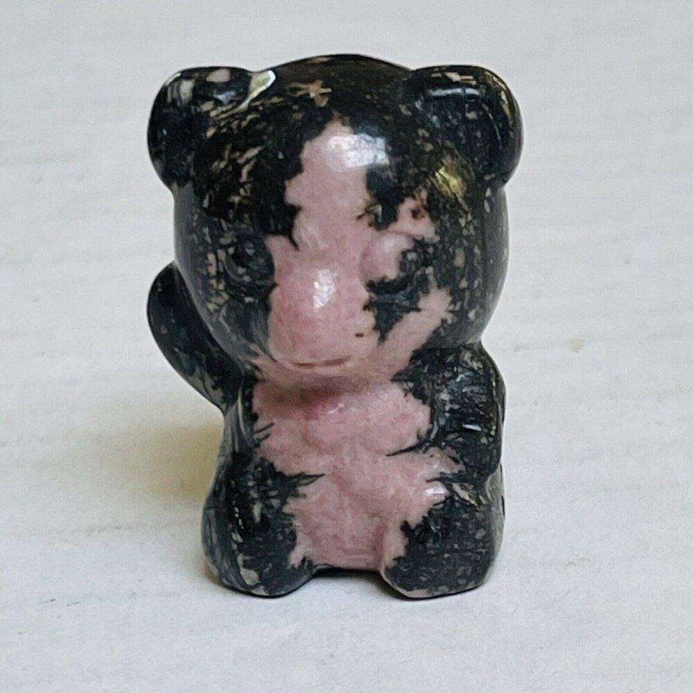 Pink‎ Black Rhodonite Crystal Carved Bear Mini Figure Figurine
